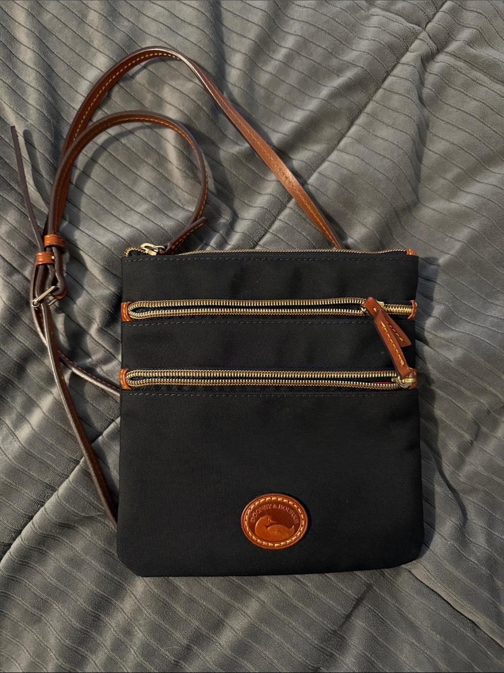 Dooney & Bourke Black Nylon Crossbody with Brown Leather Trim and Gold Hardware